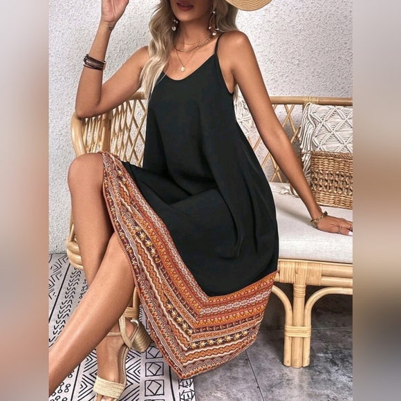 New Boho Tribal Print Cami Slip Dress Black Orange Brown New Boho Tribal Print Cami Slip Dress Black Orange Brown